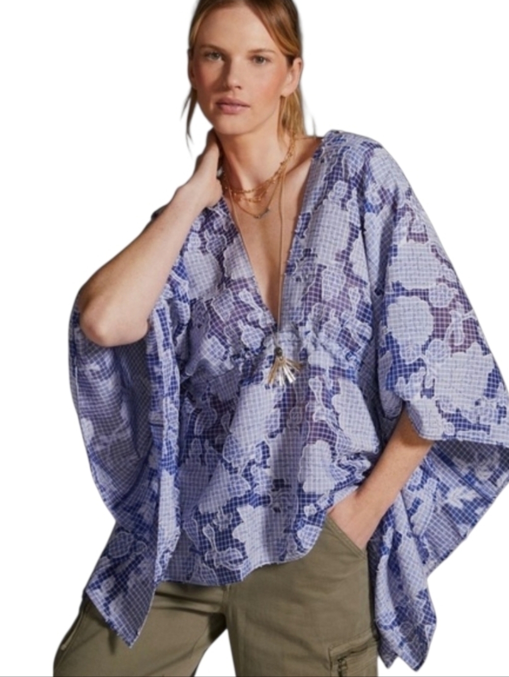 Anthropologie Blue & White Floral & Square Print Tie Front Caftan. One Size